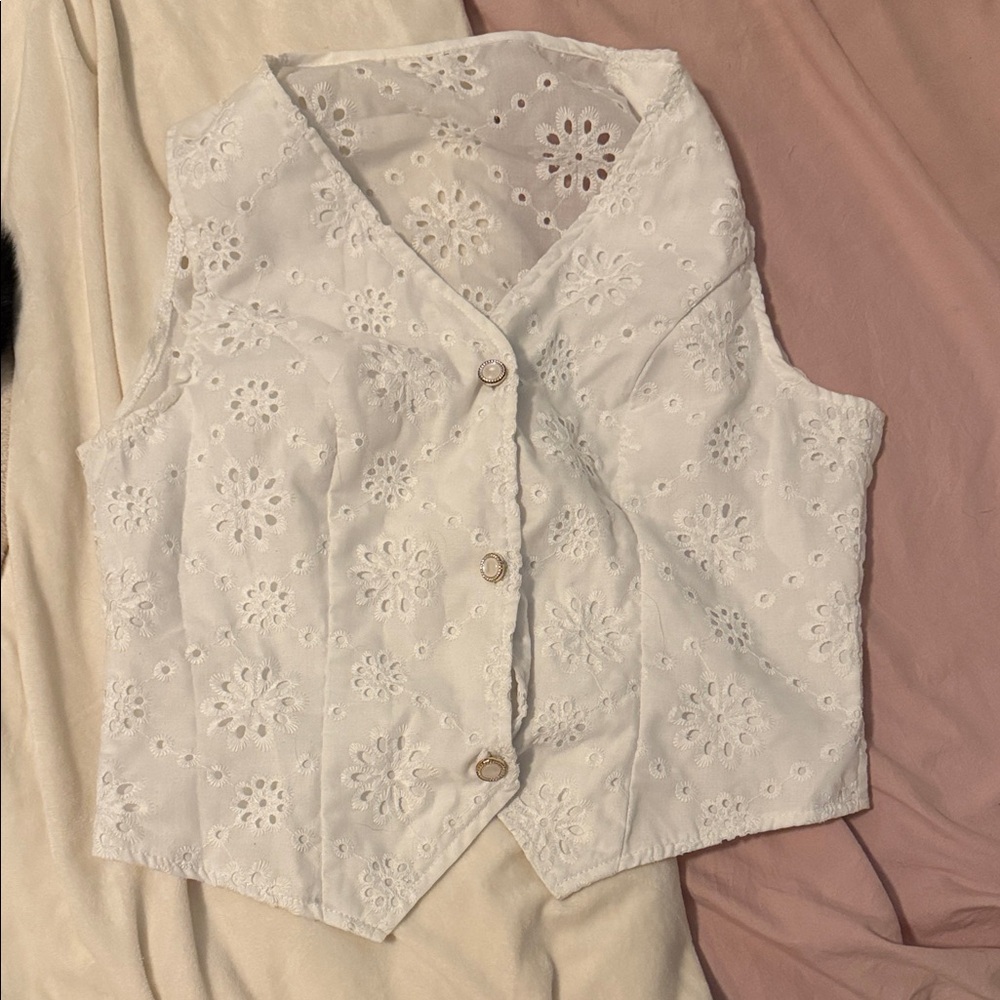 White Eyelet Button-Up Vest